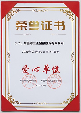 6月3日上午，東莞市婦聯聯合市委組織部、市直工委、市婦女兒童福利會共同啟動了2021年東莞市婦女兒童“黨群公益匯”活動。啟動議式上，三正金融投資公司被授予“愛心單位”榮譽證書。